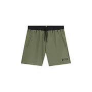 Olive green hugo boss men swimwear shorts with black elastic waistband drawstring subtle side stripes and logo on leg