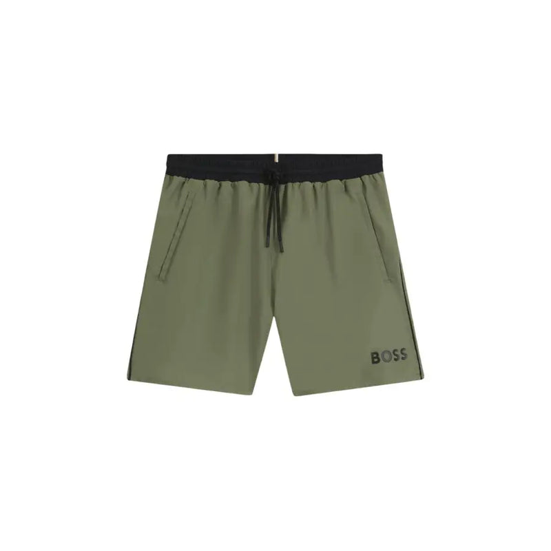 Olive green hugo boss men swimwear shorts with black elastic waistband drawstring subtle side stripes and logo on leg