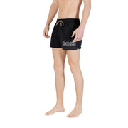 Boss men swimwear black swim trunks with white logo and tan drawstring designed for comfortable beachwear