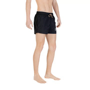 Boss men swimwear black swim trunks with beige drawstring and small white logo on the left leg for swimming