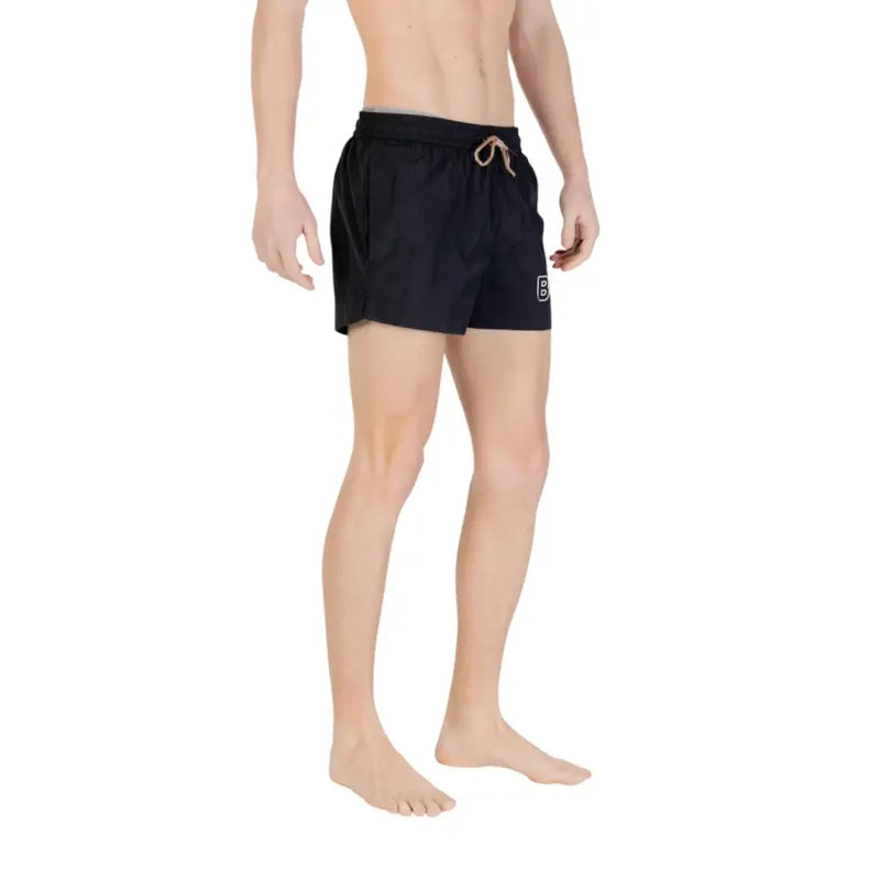 Boss men swimwear black swim trunks with beige drawstring and small white logo on the left leg for swimming