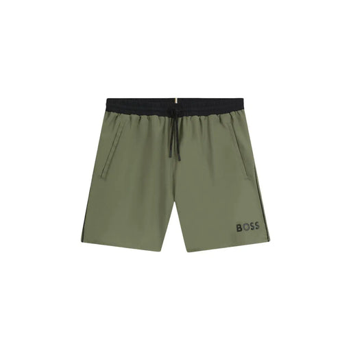 Olive green boss men swimwear shorts in polyester with black elastic waistband drawstring pockets and side stripes