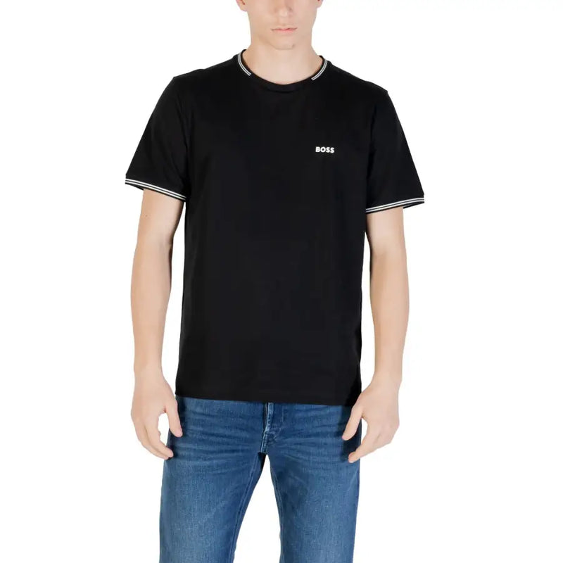 Black Hugo Boss men t-shirt with white trim on collar and sleeve cuffs, designed for casual wear