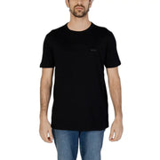 Black short-sleeved Boss men t-shirt with crew neck and subtle embroidered logo on left chest, casual cotton tee