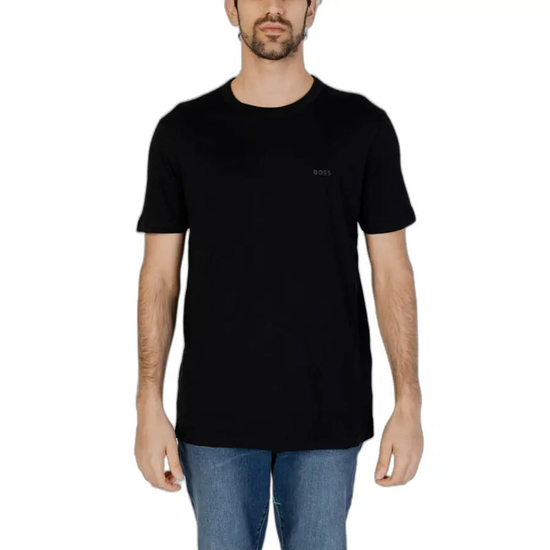 Black short-sleeved Boss men t-shirt with crew neck and subtle embroidered logo on left chest, casual cotton tee