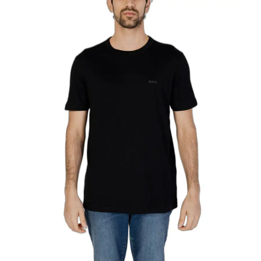 Black short-sleeved Boss men t-shirt with crew neck and subtle embroidered logo on left chest, casual cotton tee