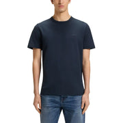 Dark navy blue short-sleeved crew neck Boss men t-shirt with subtle embroidered branding on the left chest