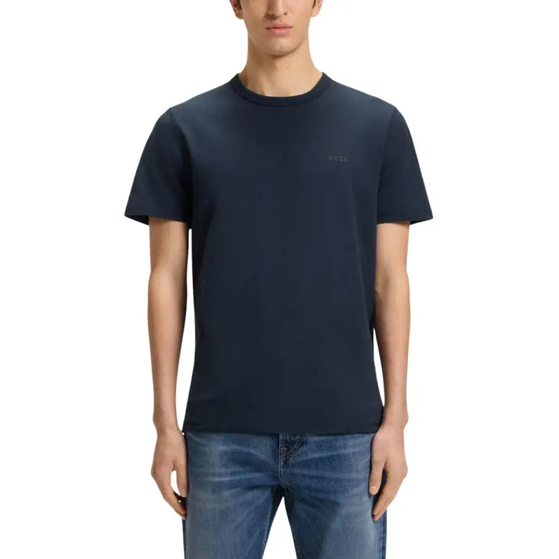 Dark navy blue short-sleeved crew neck Boss men t-shirt with subtle embroidered branding on the left chest
