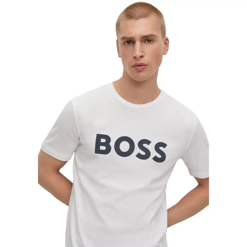 White boss men t-shirt featuring bold navy blue lettering across the chest for casual wear