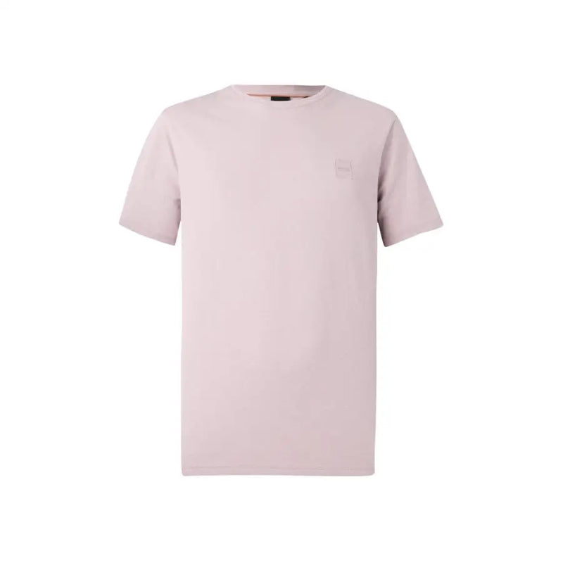 Boss men t-shirt soft blush pink short-sleeved crew neck with subtle embroidered logo on left chest