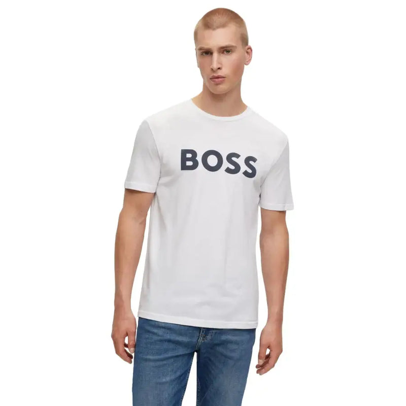 White Boss men t-shirt with navy blue logo lettering made of comfortable cotton for casual wear