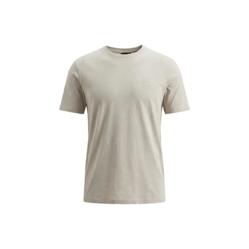 Beigefarbenes Boss Herren-T-Shirt von Grey Tales mit Rundhalsausschnitt, Kurzarm, aus Baumwolle, mit dezentem, gesticktem Logo auf der linken Brust.