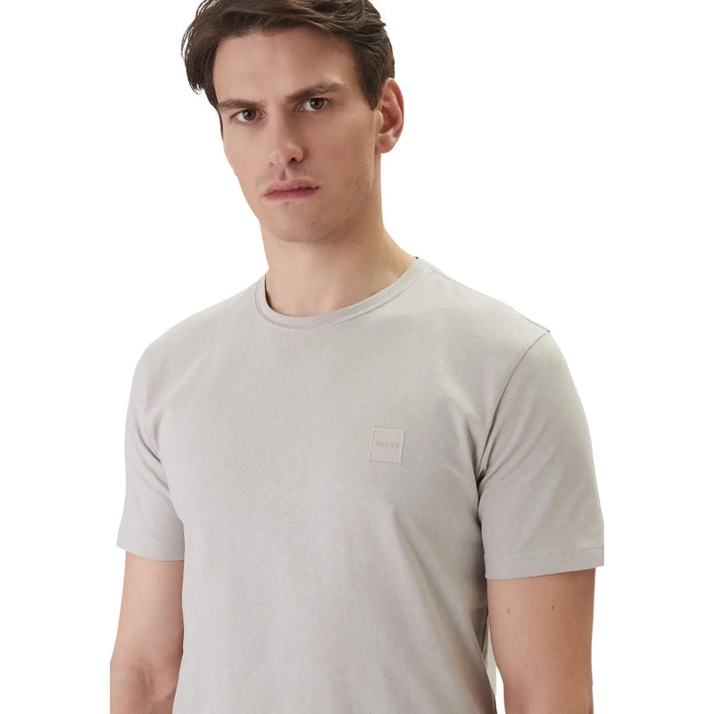 Light gray boss men t shirt grey tales crewneck cotton short sleeve with small square logo patch on left chest