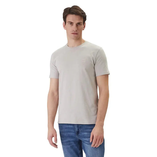 Boss men t shirt grey tales round neck cotton short sleeve with subtle logo on left chest in light gray color