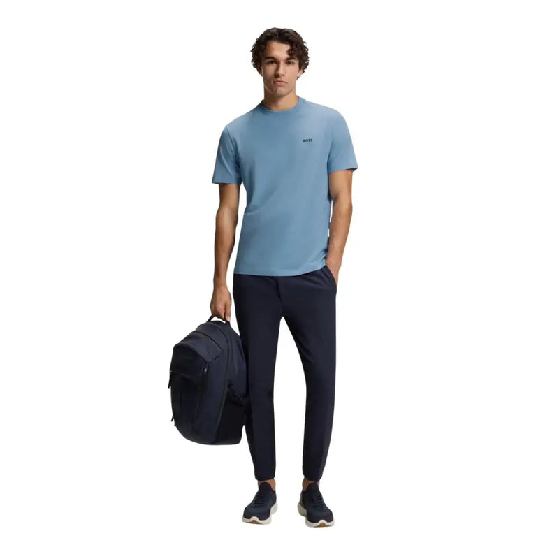 Boss men t shirt light blue cotton stretch with short sleeves and a small black logo on the left chest