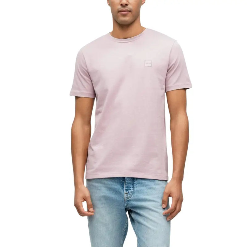 Boss men t-shirt in soft lavender cotton with short sleeves crew neck and subtle embroidered logo on left chest