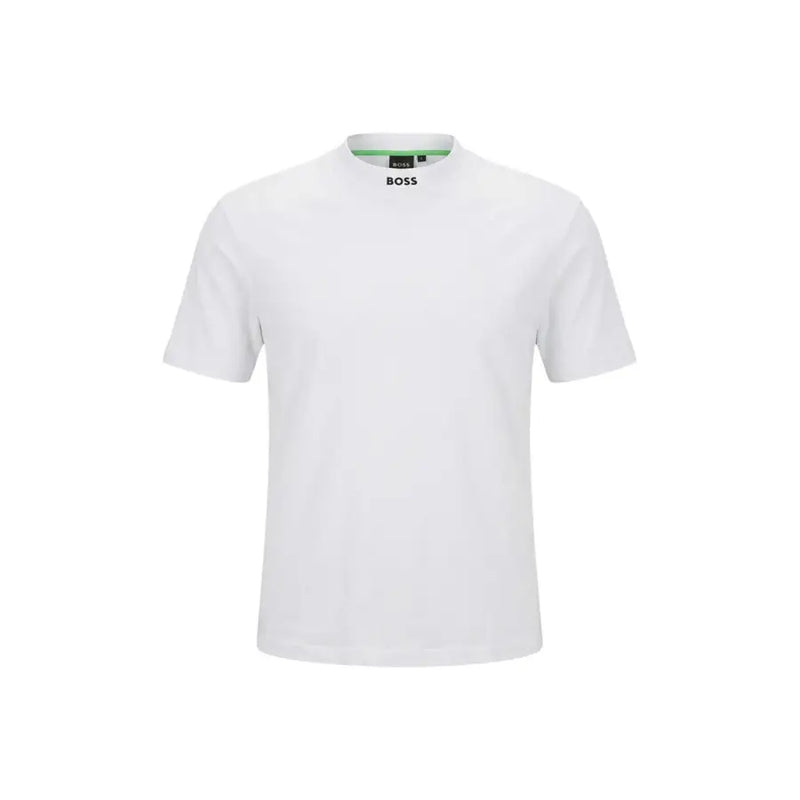 Boss men t shirt white short sleeved round neck cotton elastane with subtle green inner collar trim