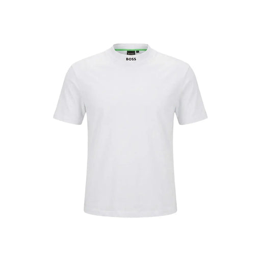 Boss men t shirt white short sleeved round neck cotton elastane with subtle green inner collar trim