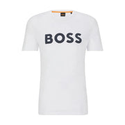 White boss men t-shirt with bold black boss lettering across the chest and an orange tag at the collar