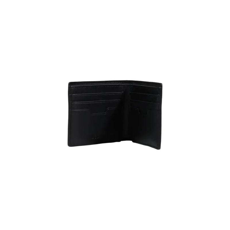 Black leather bifold Boss men wallet with multiple card slots and a central compartment for organized storage