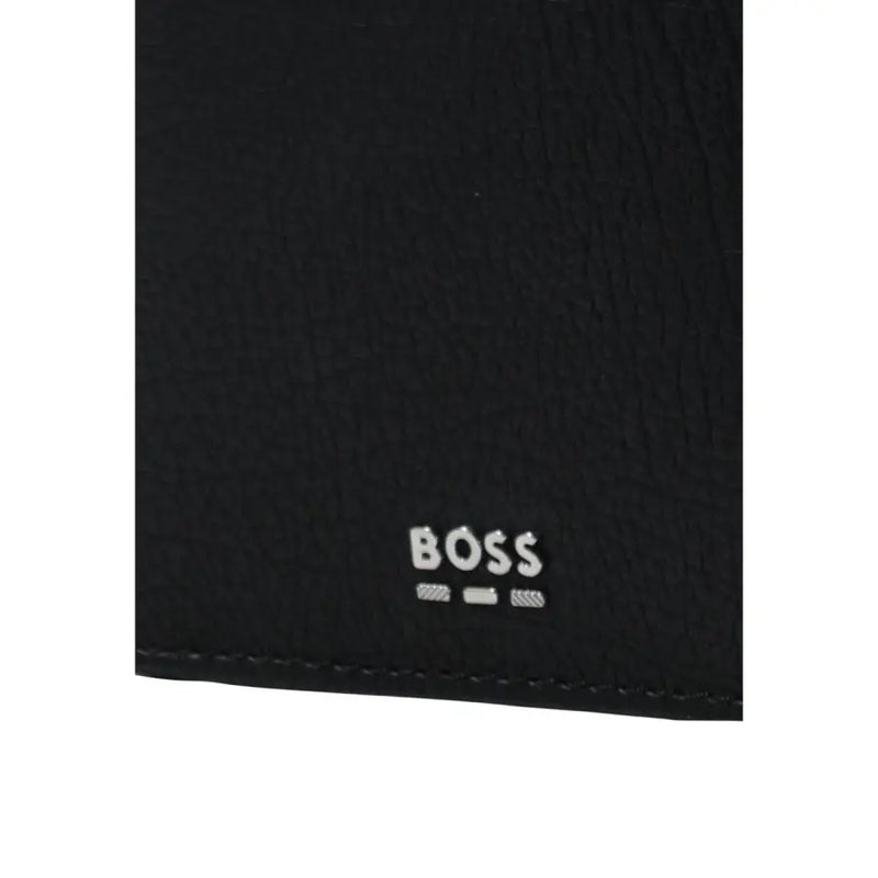 Black leather boss men wallet with silver boss logo and brand emblem for stylish everyday use