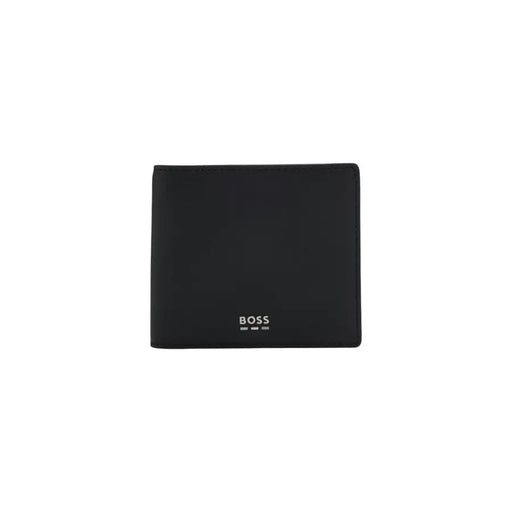 Black boss men wallet made of leather with minimalist design and subtle white logo branding visible on front side