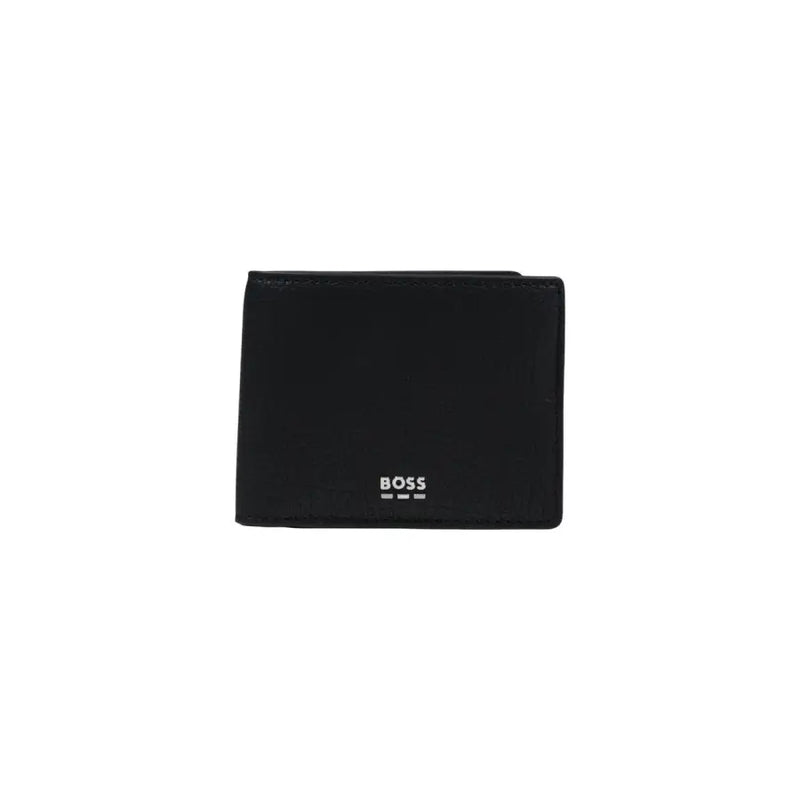 Black leather hugo boss men wallet minimalist design with subtle white logo front view