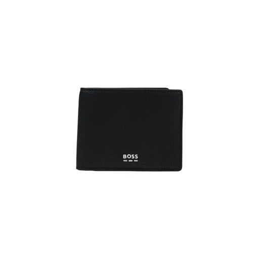 Black leather hugo boss men wallet minimalist design with subtle white logo front view
