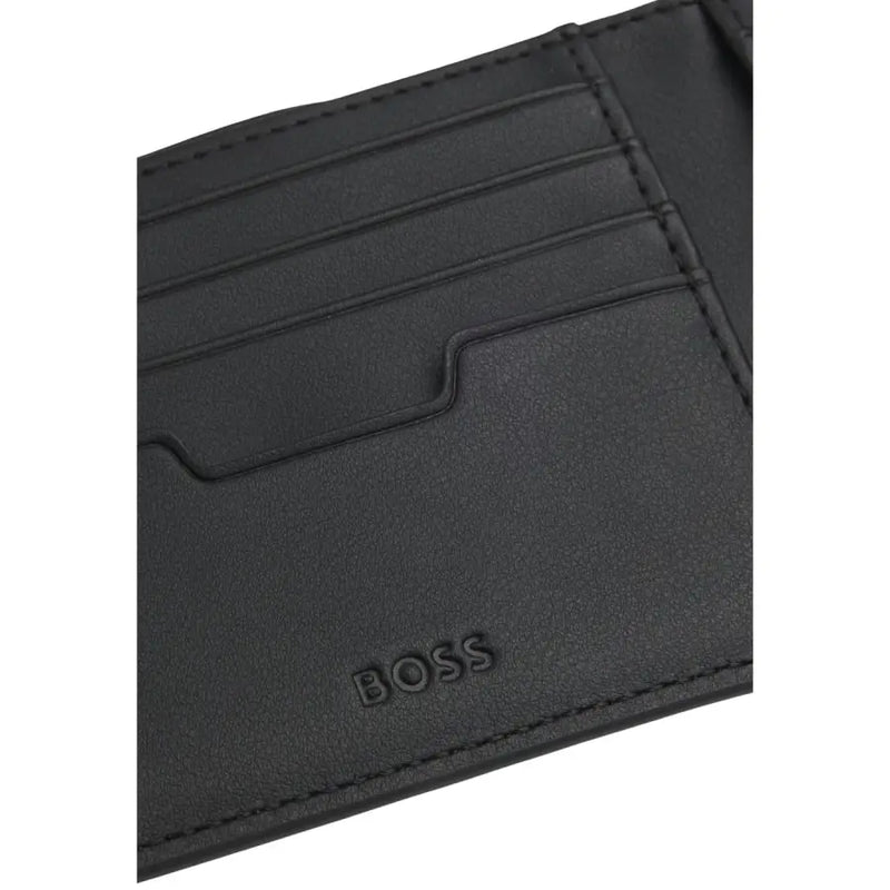 Black leather Boss men wallet with embossed logo and multiple card slots for organized storage