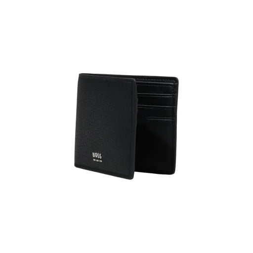 Black leather hugo boss men wallet with a textured exterior and multiple card slots for organized storage