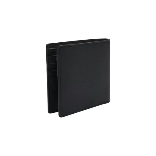 Black leather bi-fold wallet by Boss featuring stitched edges and multiple card slots for men’s use