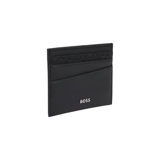 Black leather boss men wallet card holder with textured patterned stripe and white boss logo