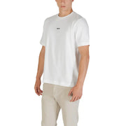 Men’s white cotton elastane round neck T-shirt with small black logo and light beige pants