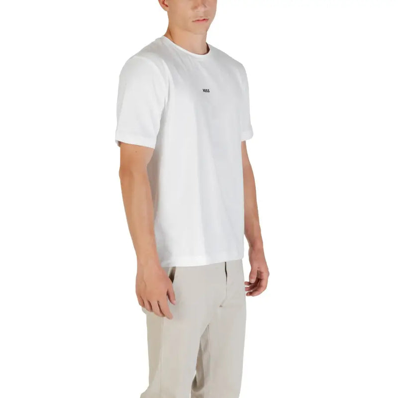 White cotton elastane round neck boss men t shirt with small black logo on left chest front side