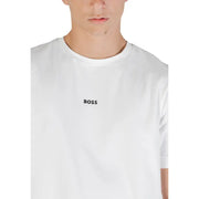 Boss men white cotton elastane round neck t shirt with minimalist black logo embroidery on the chest