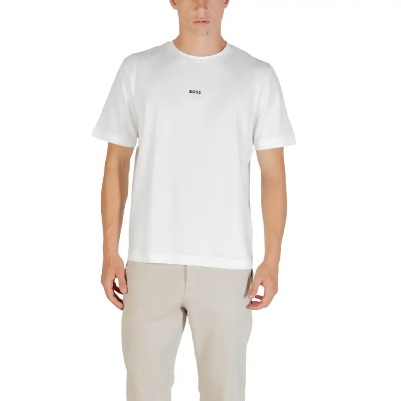 Men’s white cotton elastane round neck T-shirt with small black BOSS logo on chest