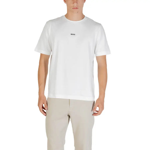 Men’s white cotton elastane round neck T-shirt with small black BOSS logo on chest