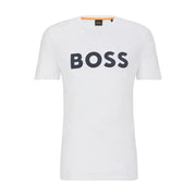 White short-sleeve crewneck cotton T-shirt with logo print for Boss Men collection