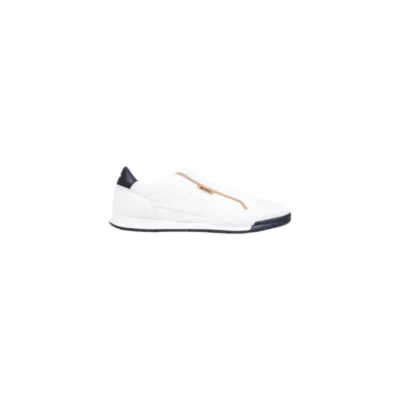 White leather slip-on sneaker with black accents and gold zipper detail.