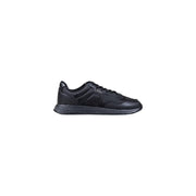 Black leather reebok sneaker with textured sole and lace-up design.