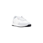 White patent leather sneaker with black sole and laces, nike air max design.