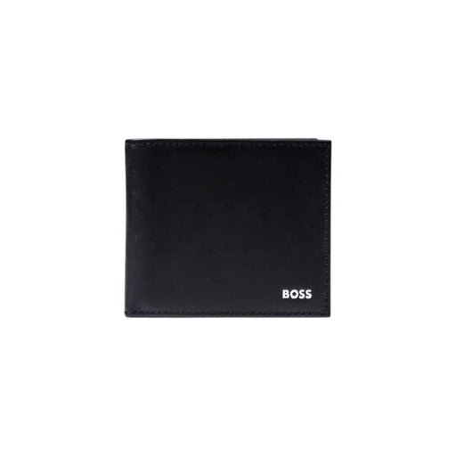 Boss mens black leather wallet with white boss logo in the lower right corner measuring 11x9x1.5 cm