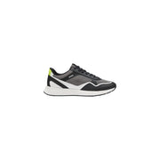 Boss mens black polyurethane running sneaker with black gray mesh, neon green heel tab, white midsole, and boss branding on side