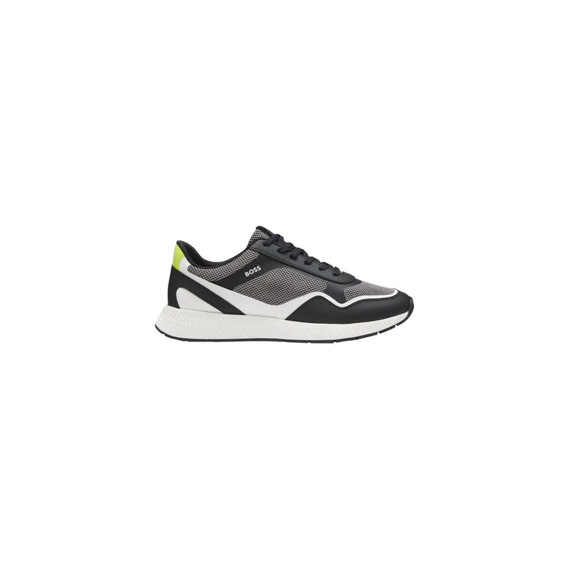 Boss mens black polyurethane running sneaker with black gray mesh, neon green heel tab, white midsole, and boss branding on side