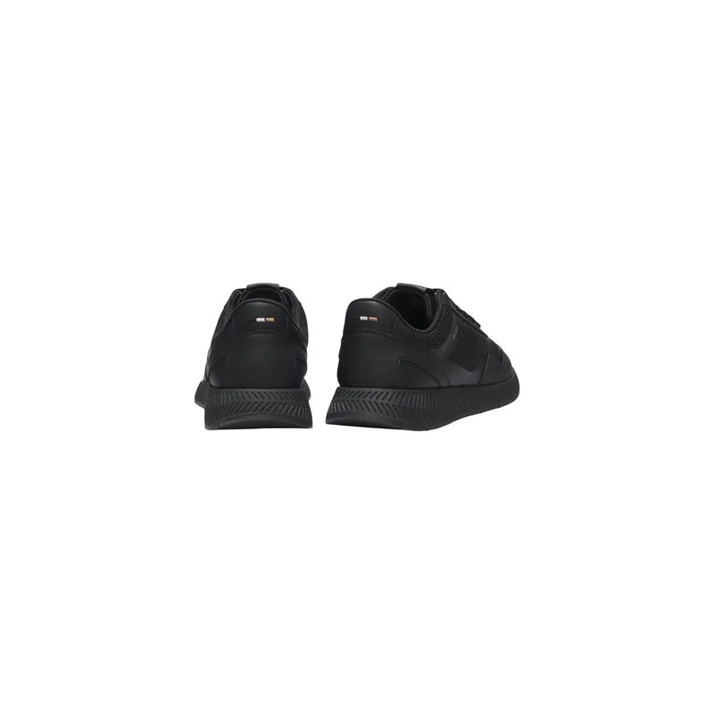 Boss mens black polyurethane running sneakers shown from the back with sleek minimalist design and subtle heel branding