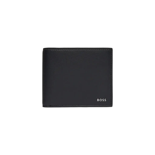 Black leather boss mens wallet with subtle stitching and small boss logo in lower right corner 12x9cm polyurethane