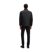 Boss puffer jacket Oden2 for men in black with horizontal quilting and high collar, front view