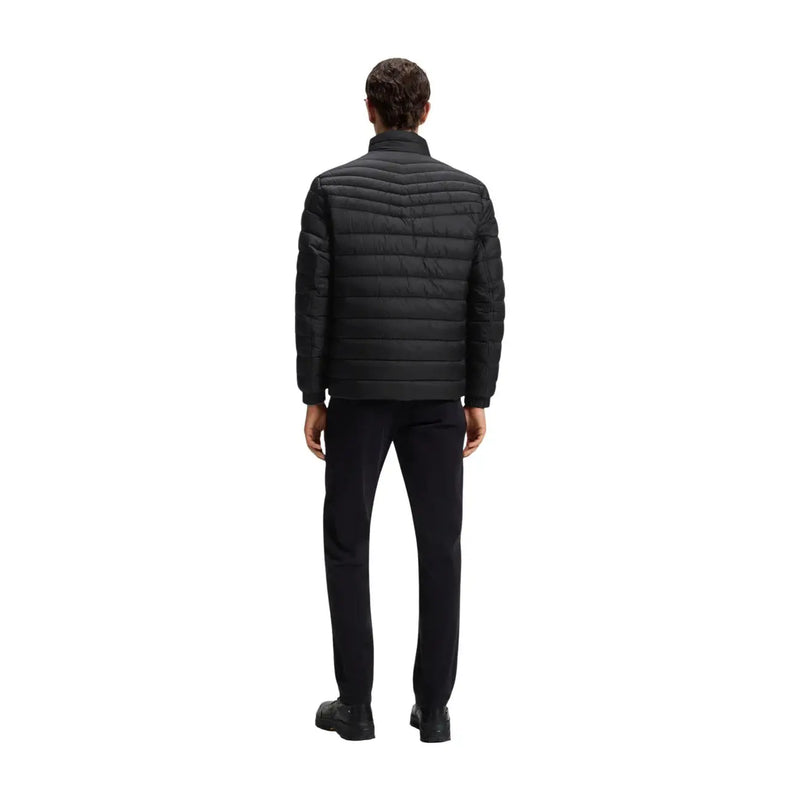 Boss puffer jacket Oden2 for men in black with horizontal quilting and high collar, front view