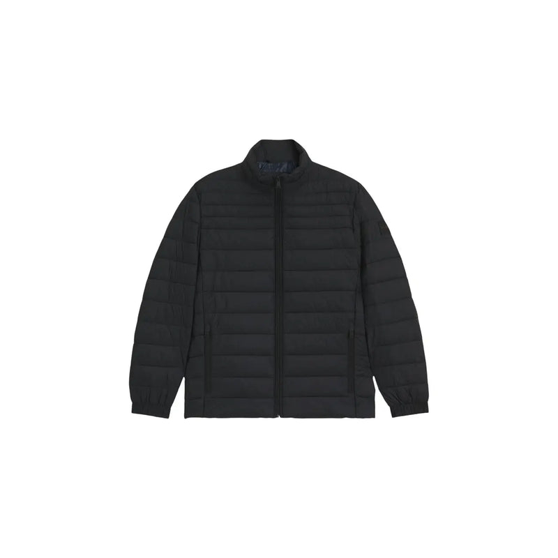 Boss puffer jacket Oden2 for men in black with quilted texture and stand-up collar, front view
