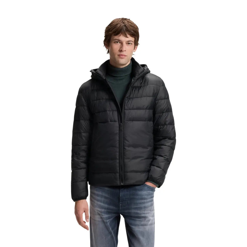Boss puffer jacket ODENNI for men in black quilted design with hood and front zipper, front view